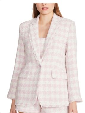 Steve Madden Harlow Frayed Houndstooth Tweed Blazer - Pink Tulle